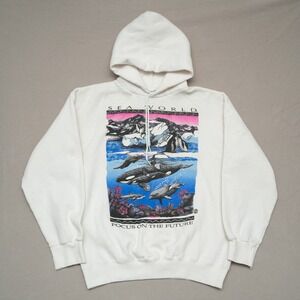 Vintage 90s Tultex Sea World Focus On The Future Orca Print White Hoodie Large